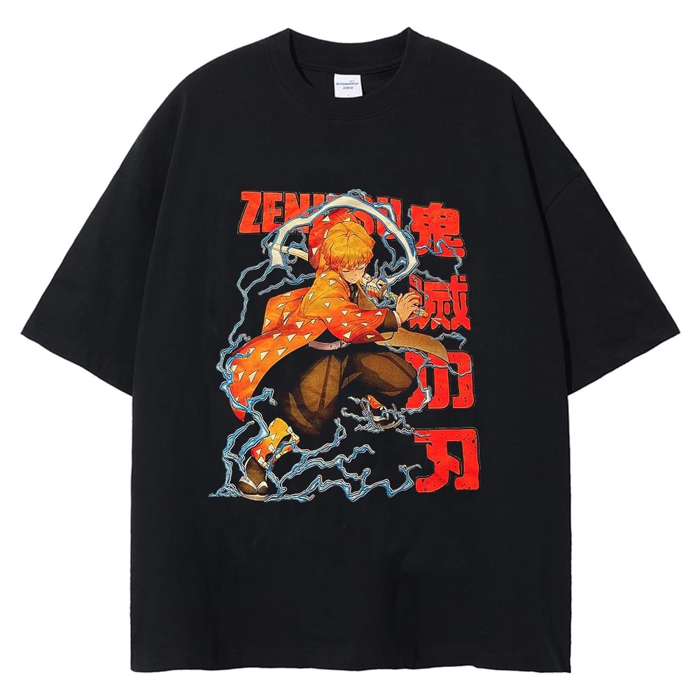 Japanese Anime Graphic Print T-Shirt Demon Slayer T-Shirt Oversized 100% Cotton Tshirts Short-Sleeved Nezuko Zenitsu Black Tops