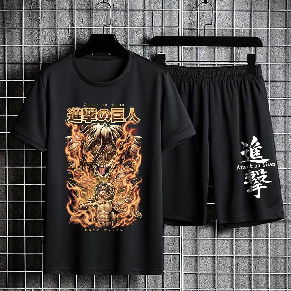 Attack on Titan Sports Suit Summer Quick Drying Set Anime Short Sleeve Top 100% Cotton Tshirt Casual Two Piece Suits Y2k Shorts