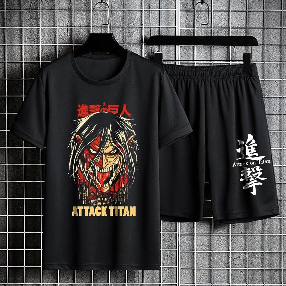 Attack on Titan Sports Suit Summer Quick Drying Set Anime Short Sleeve Top 100% Cotton Tshirt Casual Two Piece Suits Y2k Shorts