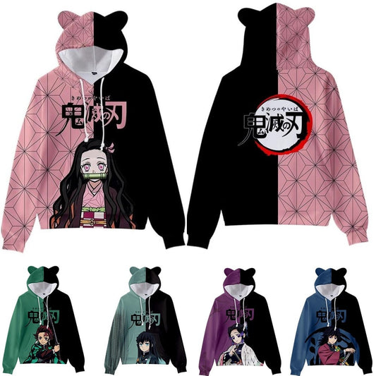 Japan Anime Demon Slayer Pullover Women Hoodie Cat Ears Cartoon Sweatshirt Teens Boys Girls Cosplay Costume Hoodies Sweatshirts
