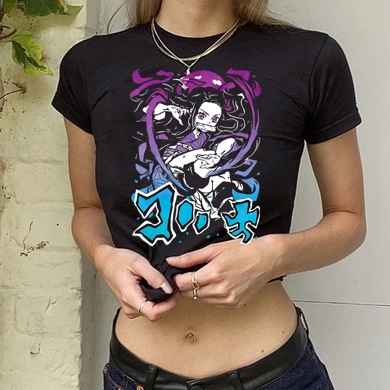 Y2k 90s Kimetsu No Yaiba Crop Top Demon Slayer T Shirt Women Nezuko Japanese Anime Tshirt Tanjirou Kamado Cropped Female T-shirt