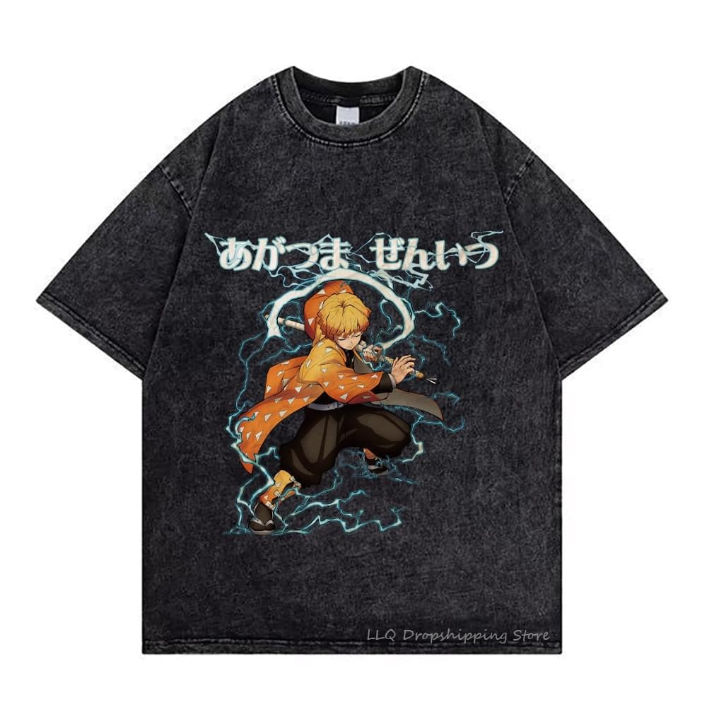 Japanese Anime Graphic Print T-Shirt Demon Slayer T-Shirt Oversized 100% Cotton Tshirts Short-Sleeved Nezuko Zenitsu Black Tops