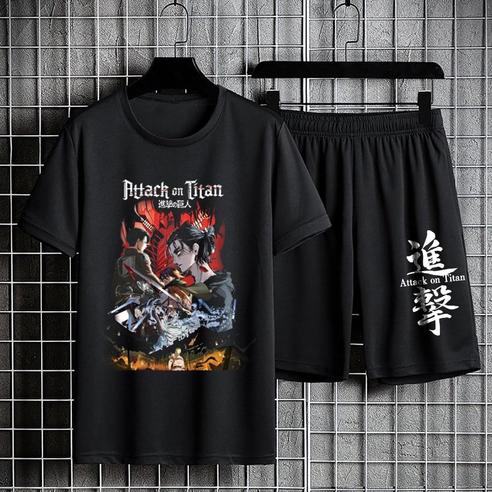 Attack on Titan Sports Suit Summer Quick Drying Set Anime Short Sleeve Top 100% Cotton Tshirt Casual Two Piece Suits Y2k Shorts