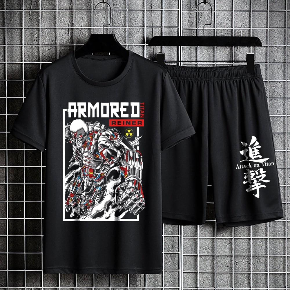 Attack on Titan Sports Suit Summer Quick Drying Set Anime Short Sleeve Top 100% Cotton Tshirt Casual Two Piece Suits Y2k Shorts