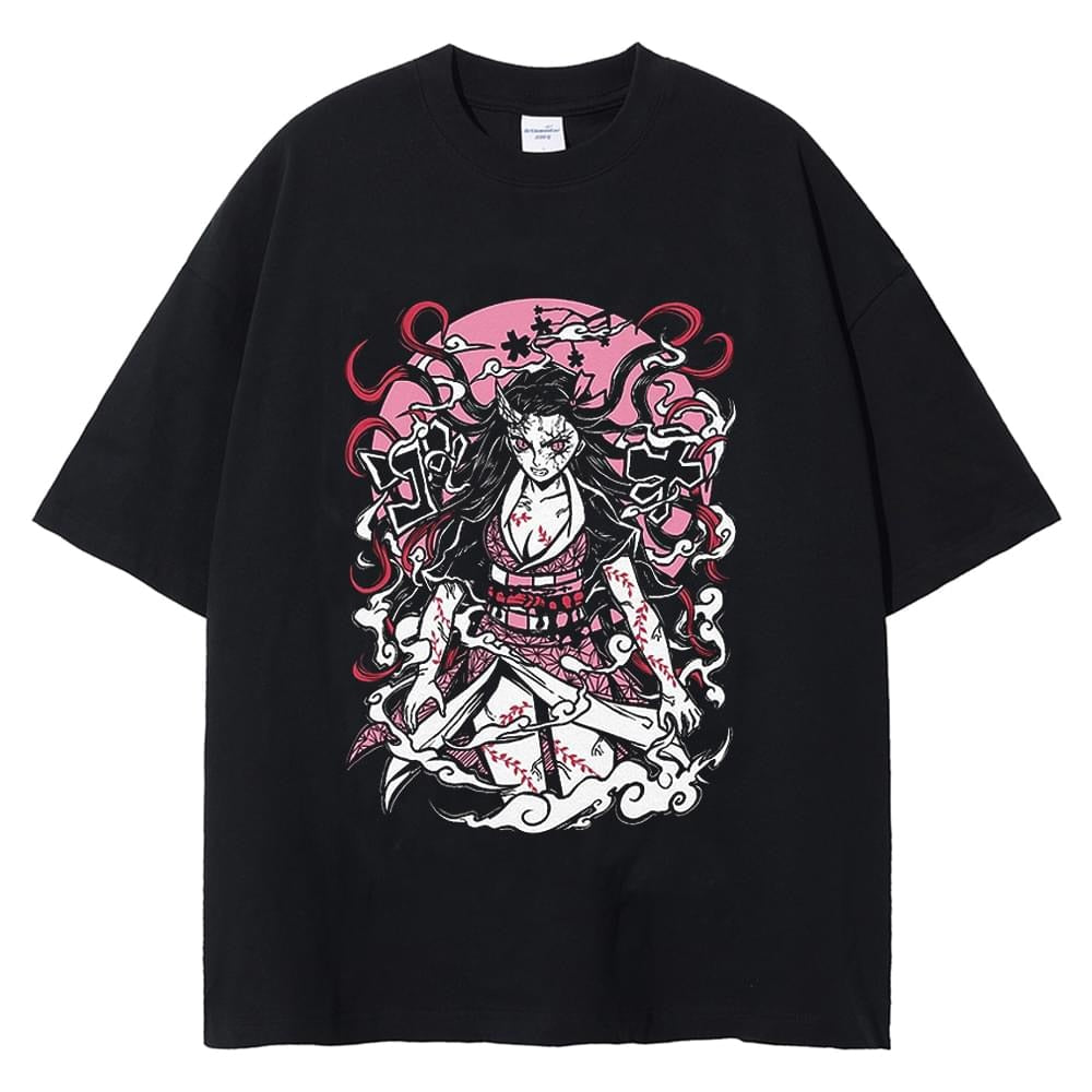 Japanese Anime Graphic Print T-Shirt Demon Slayer T-Shirt Oversized 100% Cotton Tshirts Short-Sleeved Nezuko Zenitsu Black Tops